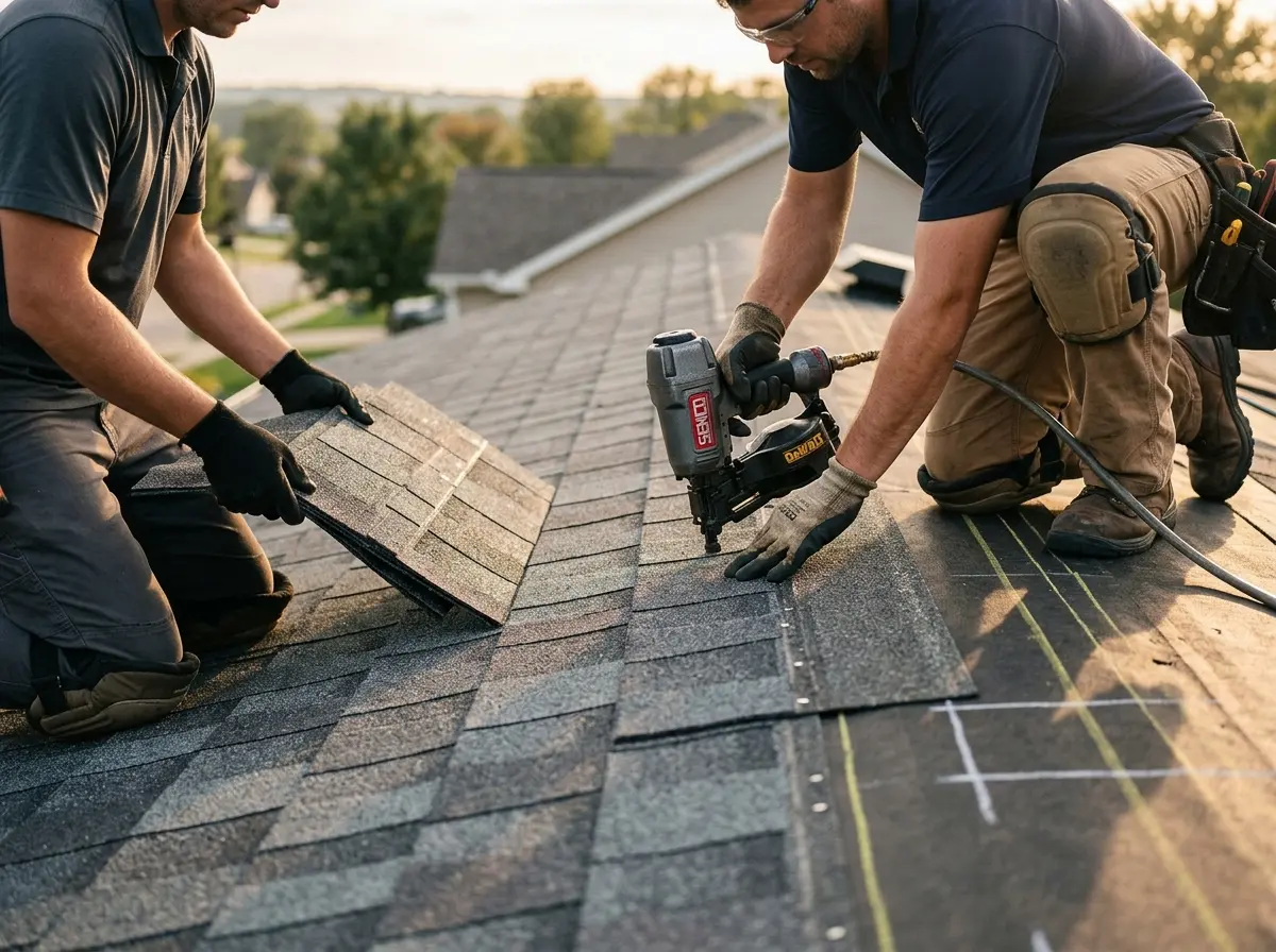 Professional roofer working on a residential roof in Holland